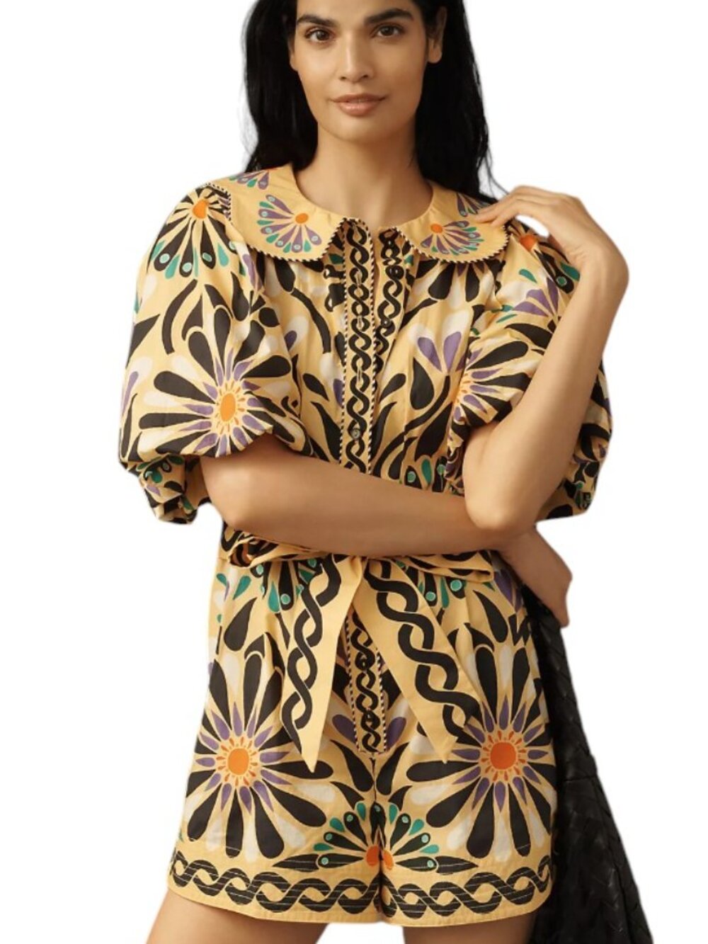 Farm Rio x Anthropologie Puff-Sleeve Printed Romper, Cotton, Boho, Resort, Sz S - Picture 3 of 11